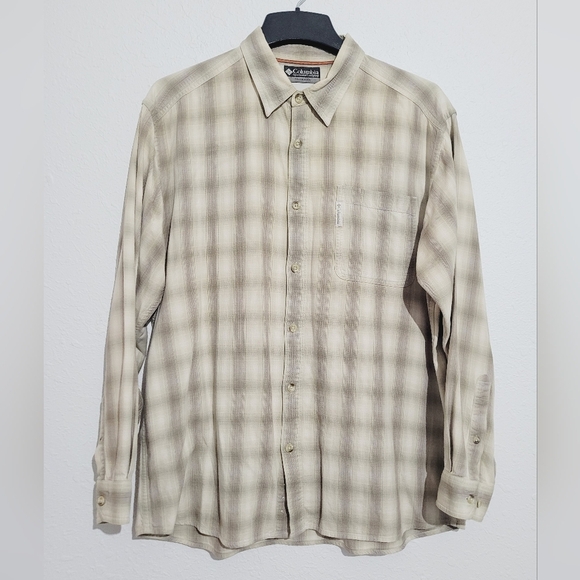 Columbia Men's Shirt Size Large Beige Plaid Button Up Pocket Long Sleeve - Picture 1 of 8